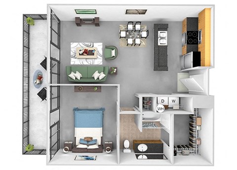 Floor plan for 1 bed, 1 bath, 765 sqft